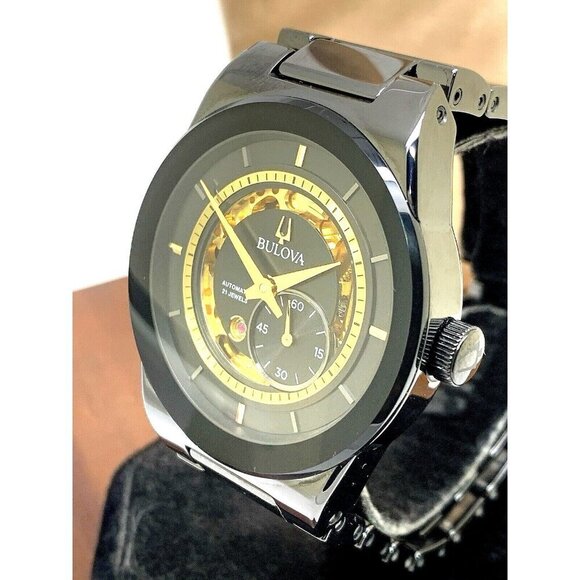 Bulova Men's Watch 98A291 Millennia Automatic Skeleton Gold Black Dial Ceramic - Picture 1 of 14
